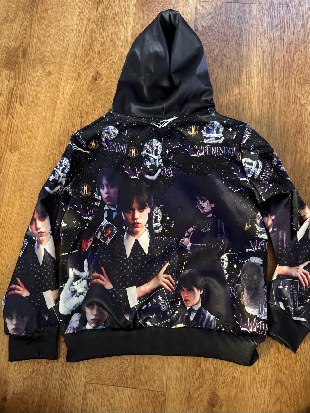 Kids Black Graphic Hooded Zip Sweatshirt - Wednesday-Inspired - Picture 2 of 2